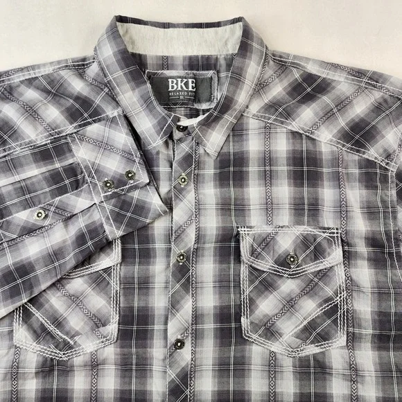 BKE Buckle Shirt Men XL Western Black Gray White Plaid Long Sleeve Metal Buttons - Picture 1 of 12